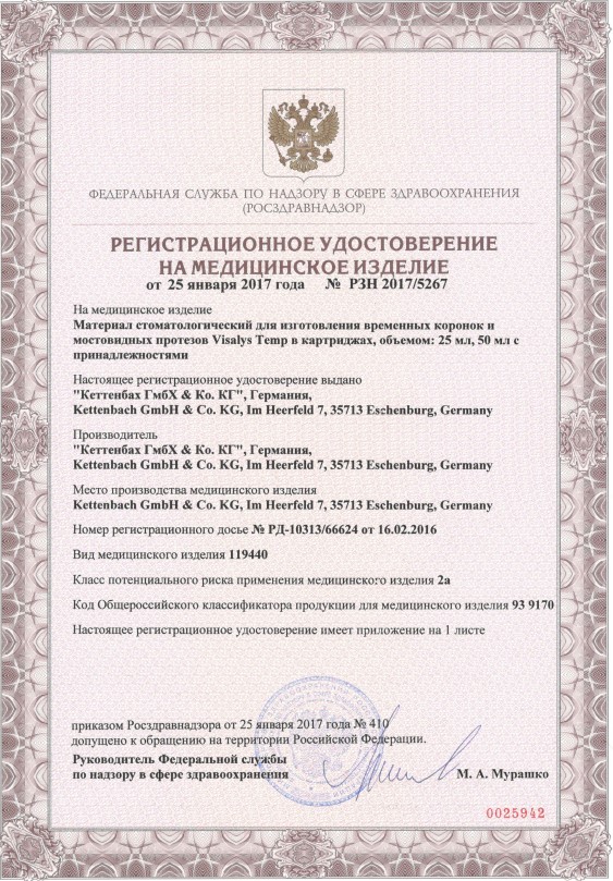 Регистрационное удостоверение на Visalys Temp
